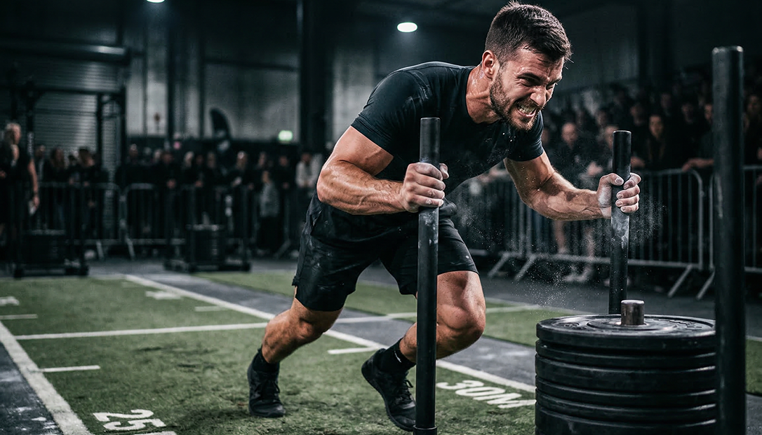 Athlete pushing sled during Apex Games hybrid fitness race event highlight